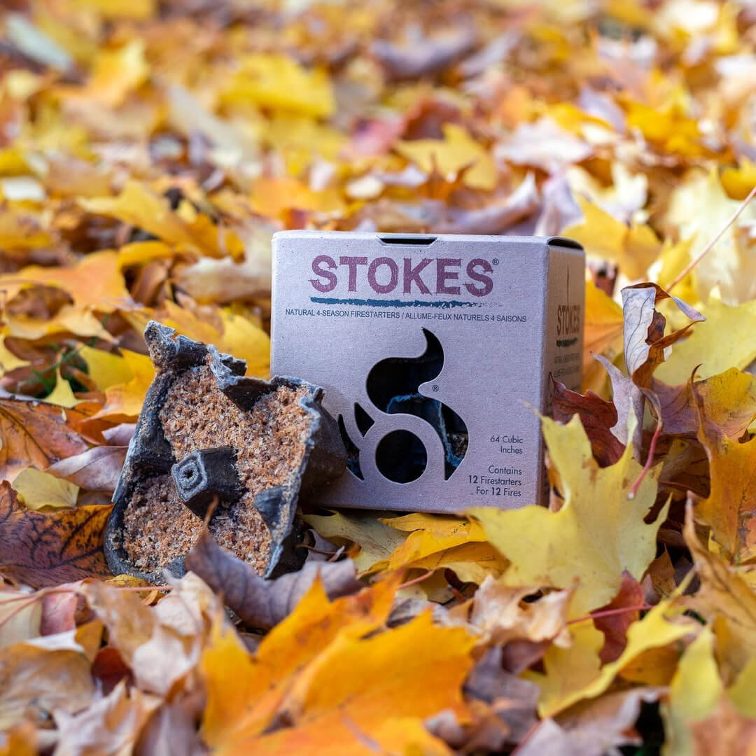 STOKES box and firestarters in autumn leaves
