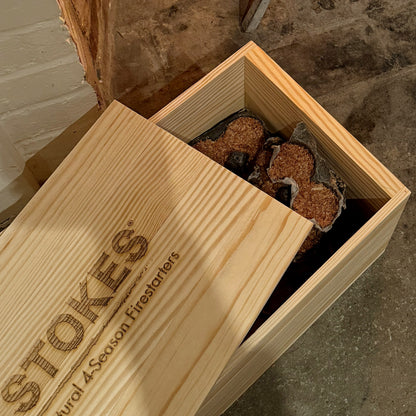 Inside the STOKES Fireside Box, filled with 96 all-natural firestarters